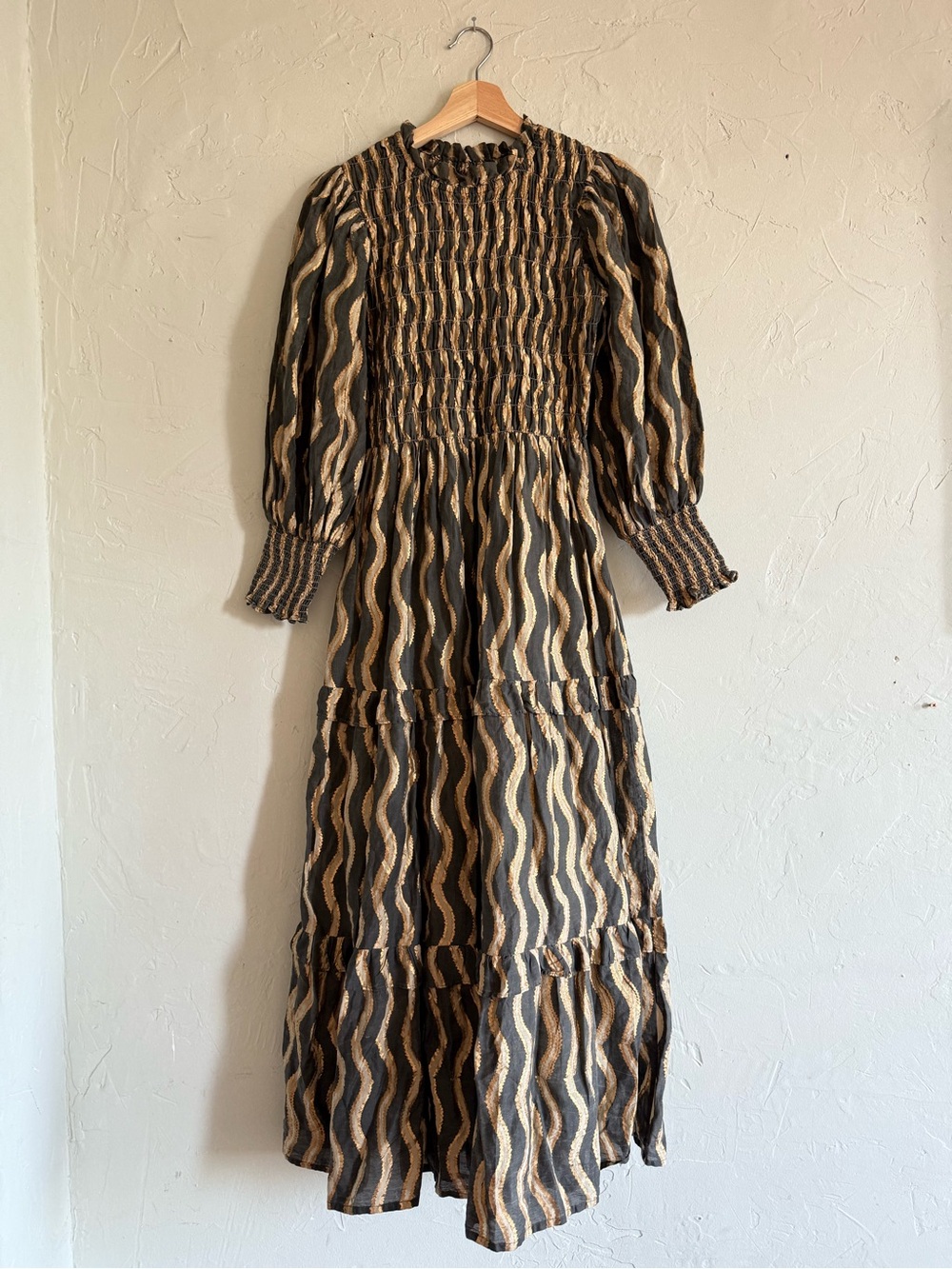 Oliphant Smocked Long Sleeve Maxi Dress - Gray & Gold